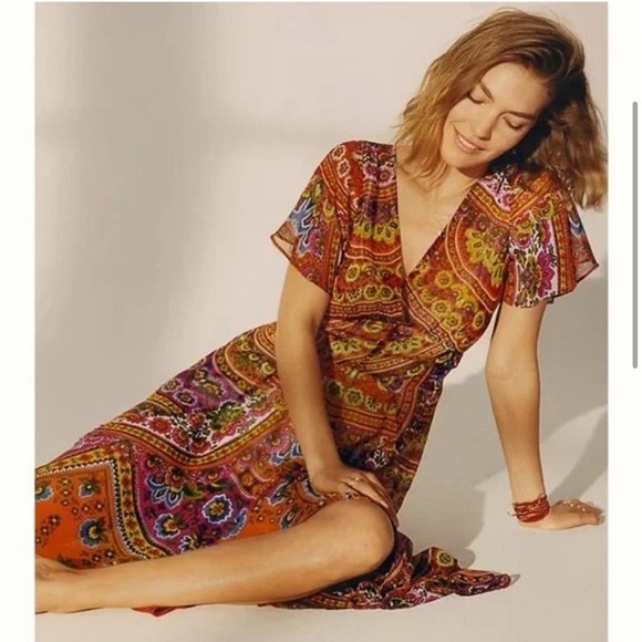 Women's Anthropologie Akemi + Kin Orange Floral Patchwork Dress size 0 - Picture 2 of 9